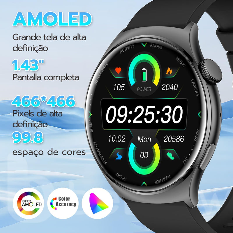 SmartWatch, relogio smartwatch com Ecrã tátil e Alexa, à prova d'água IP68, relogio smartwatch feminino e masculino, com modo esportivo e recebimento de notificações (preto)