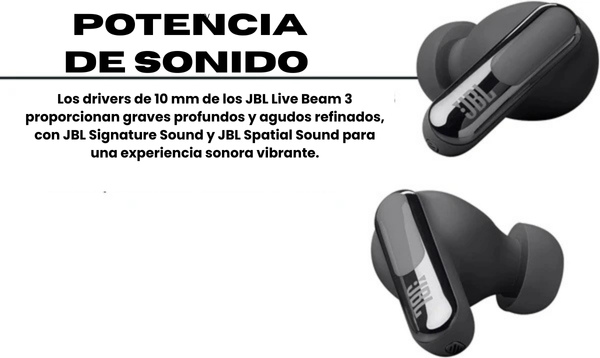 JBL, Auriculares Bluetooth, Live Beam 3, In-ear, Pantalla de 1,45", Cancelación de Ruido - Negro